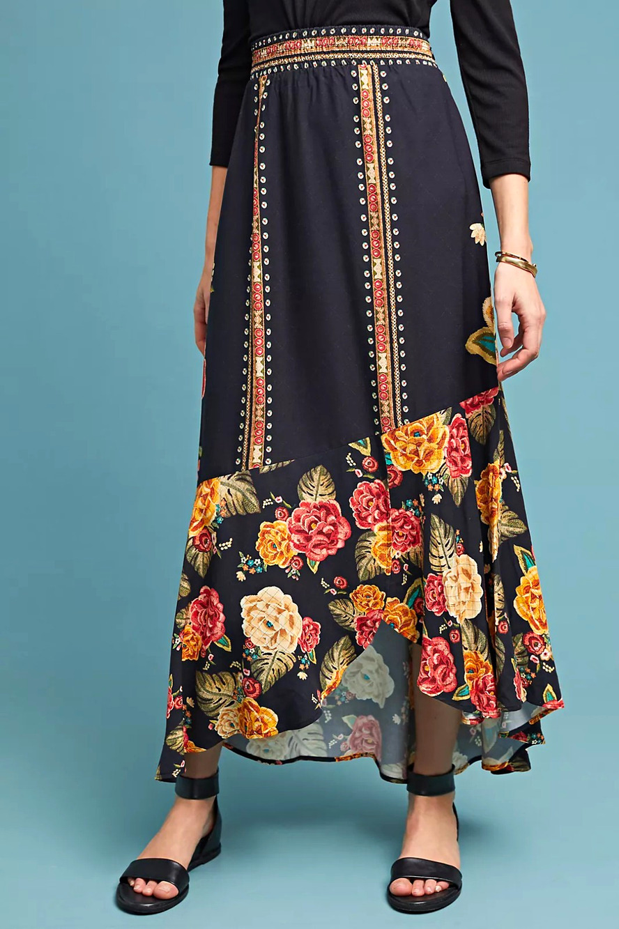Farm Rio Florence Maxi Skirt Black Floral Boho Whimsigoth XL Anthropologie